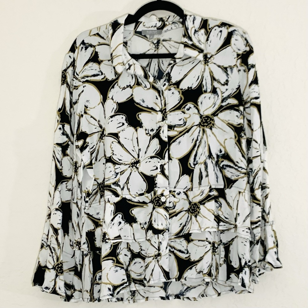 Habitat Blouse Women M White Black Tan Floral Button Down Tiered Ruffle Coastal